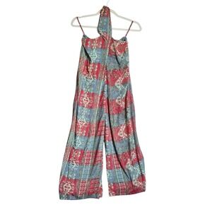 Earthbound Trading Co Womens Paisley Halter Jumpsuit Pink Blue Boho Wide Leg M